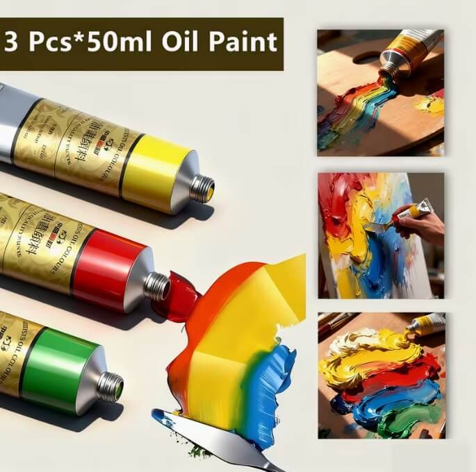 Three tubes of oil paint with a palette and painting examples.