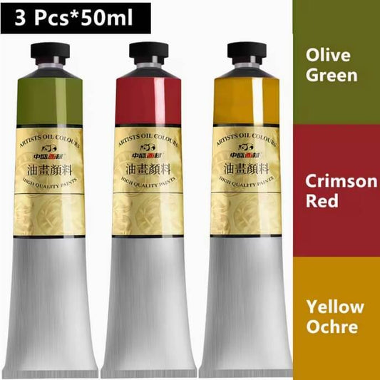 Three tubes of oil paint labeled Olive Green, Crimson Red, and Yellow Ochre on a white background.