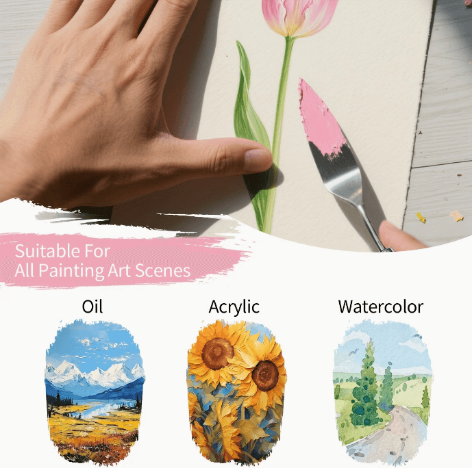 Hand holding a paintbrush near a tulip painting with text indicating suitability for various painting art scenes.