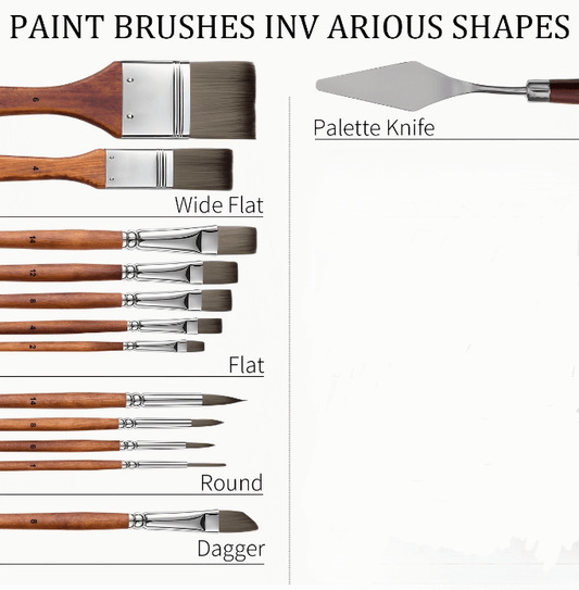 Collection of paint brushes with various shapes and a palette knife on a white background.