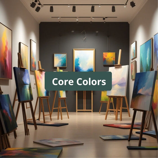 Art gallery with various paintings on easels and a 'Core Colors' label.