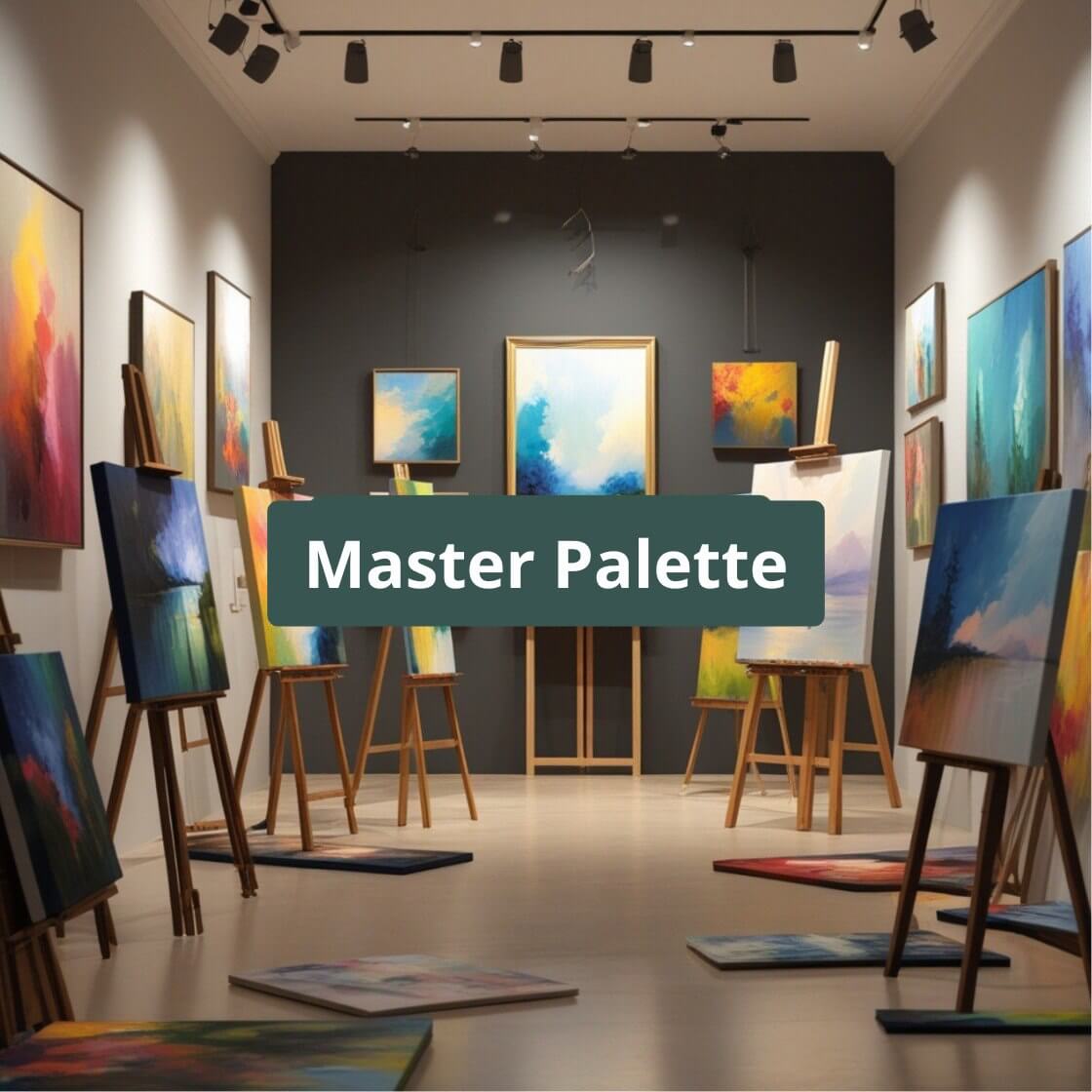 Art gallery with various paintings on easels and 'Master Palette' sign.
