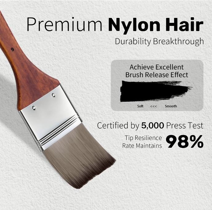 Paint brush with wooden handle and brown bristles on a white background, highlighting 'Premium Nylon Hair' feature.