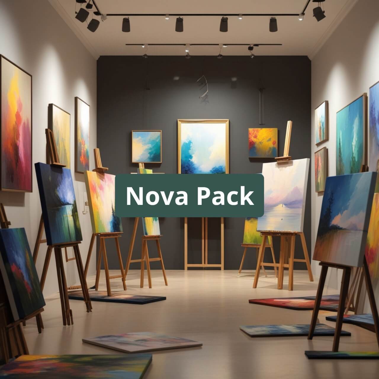 Art gallery with various paintings on easels and 'Nova Pack' text overlay.
