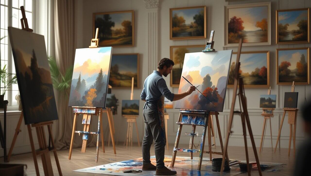 Artist painting a landscape in a studio with multiple easels and paintings.