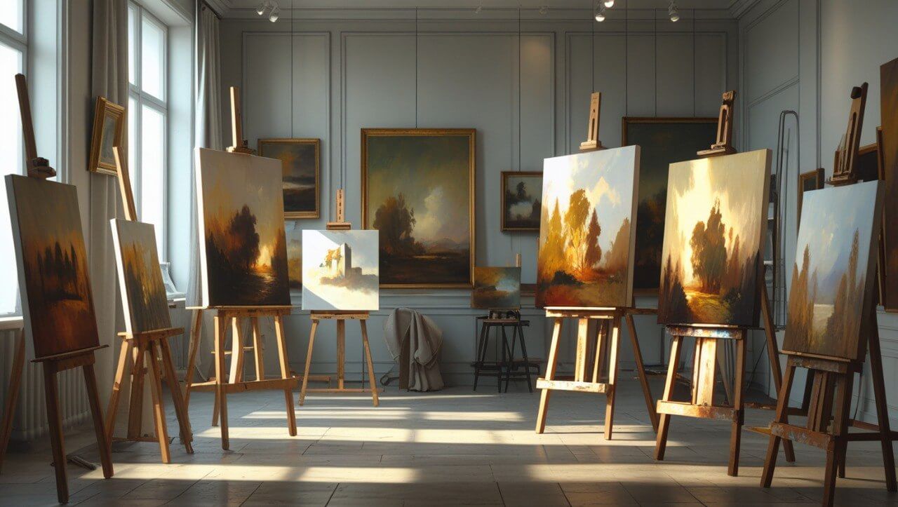 Art studio with multiple easels displaying various paintings