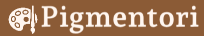 Pigmentori logo with a paint palette and brush on a brown background